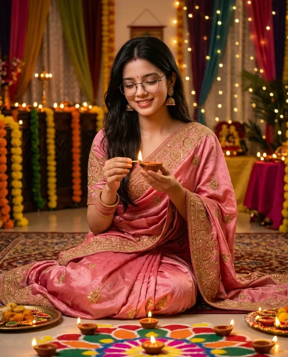 Diwali Celebration Beautiful Girl in Pink Silk Saree