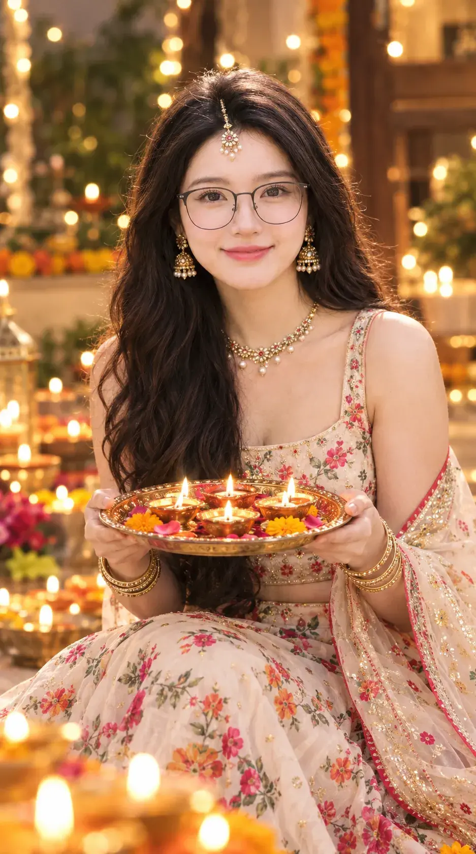 Beautiful Girl in Cream Floral Lehenga Celebrating Diwali