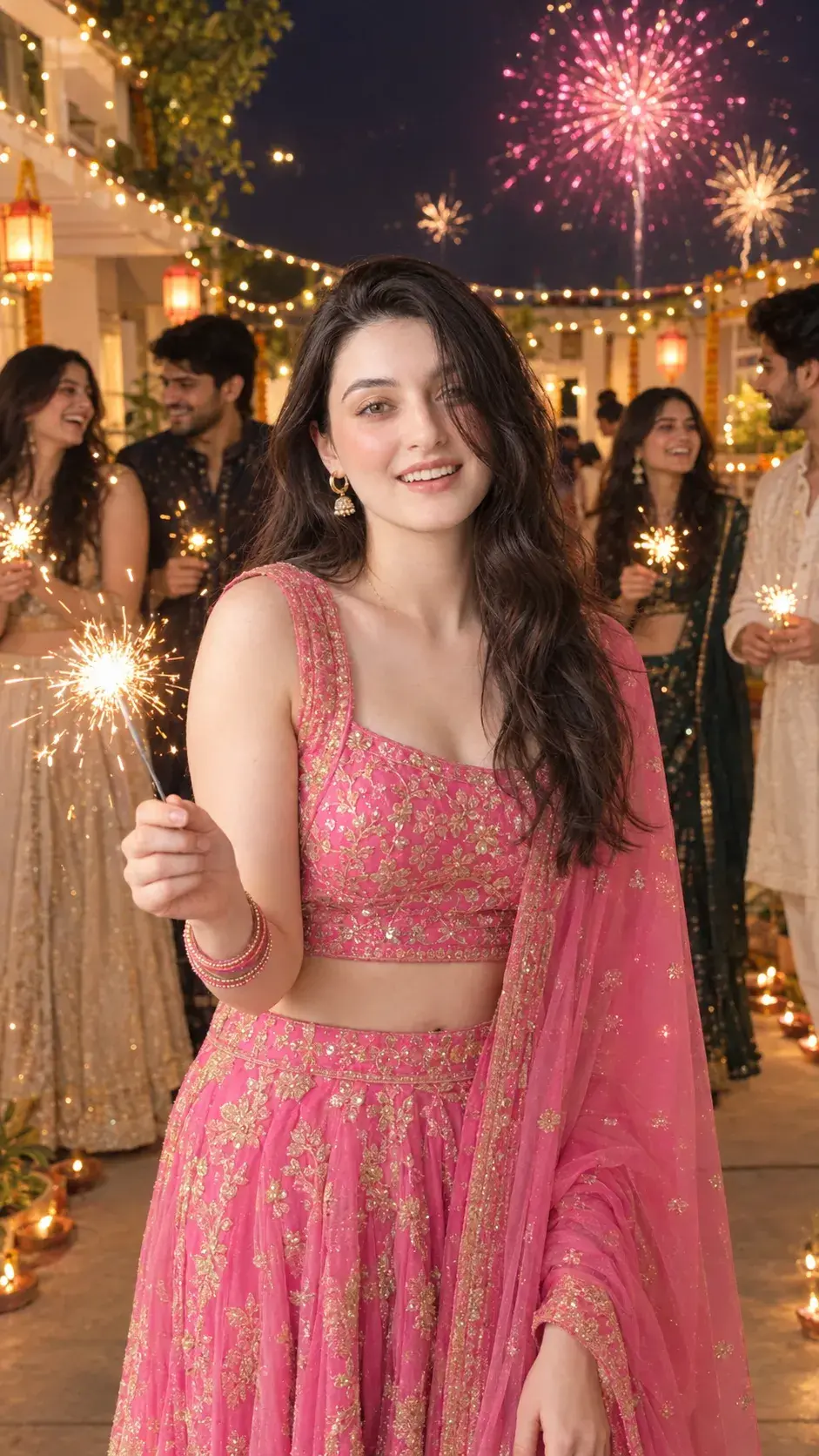 Ultra-Realistic Diwali Celebration Portrait – Pink Lehenga