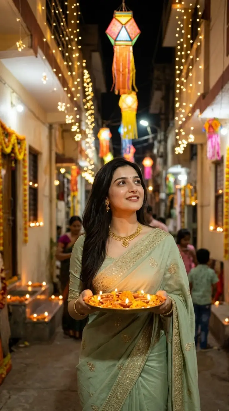 Diwali Celebration Woman Green Saree