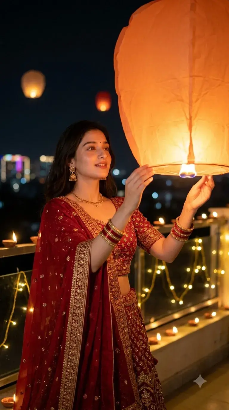 ✨ Magical Diwali Night 🪔 | Beautiful Indian Girl Releasing Sky Lantern 🎇 | 4K AI Portrait