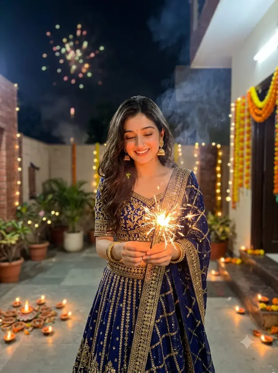 Beautiful Girl Celebrating Diwali in Blue Lehenga 🪔 | Sparkler Photography | 4K AI Portrait