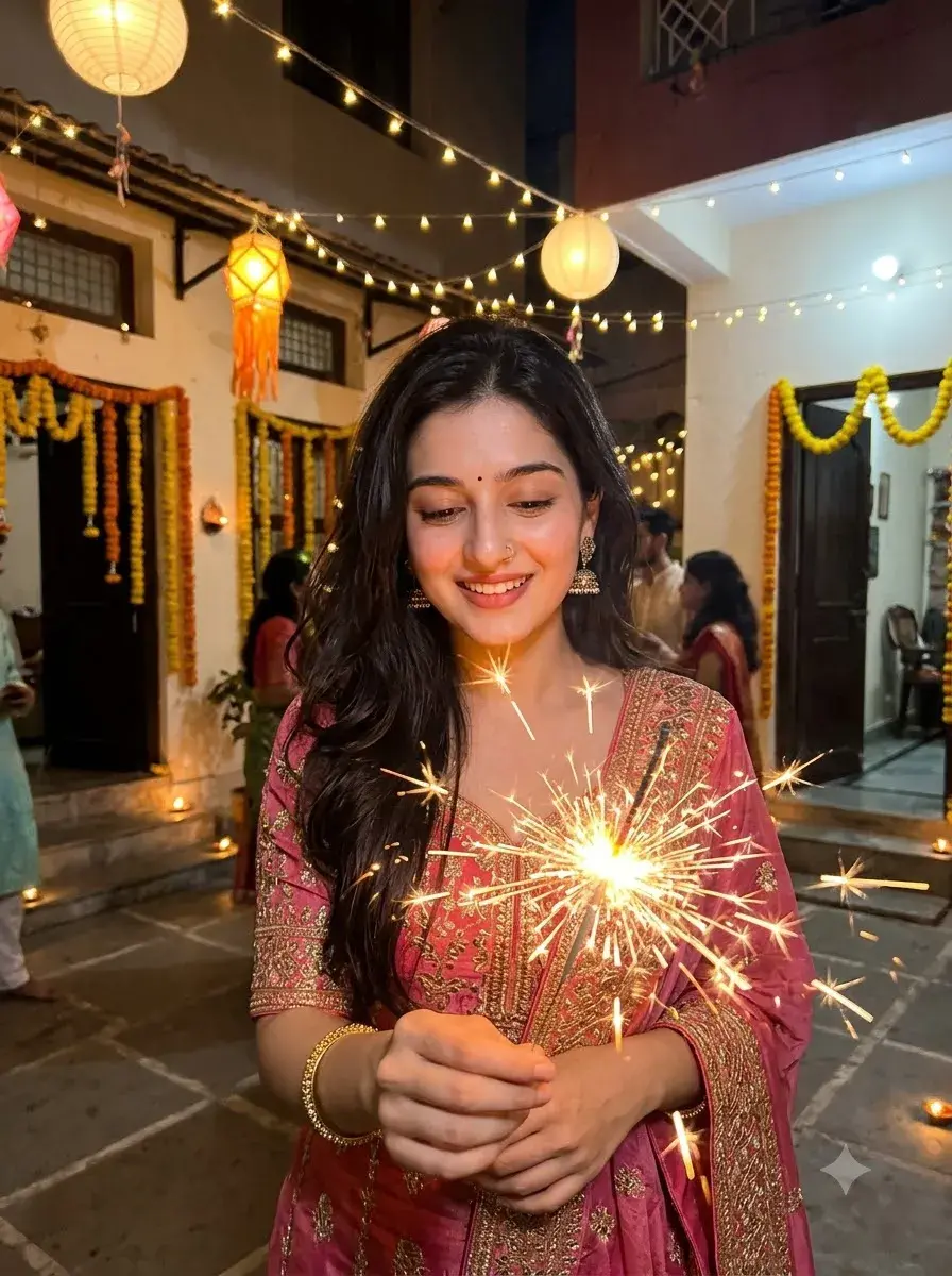 Beautiful Indian Girl Celebrating Diwali with Phuljhari ✨🪔 | 4K AI Portrait