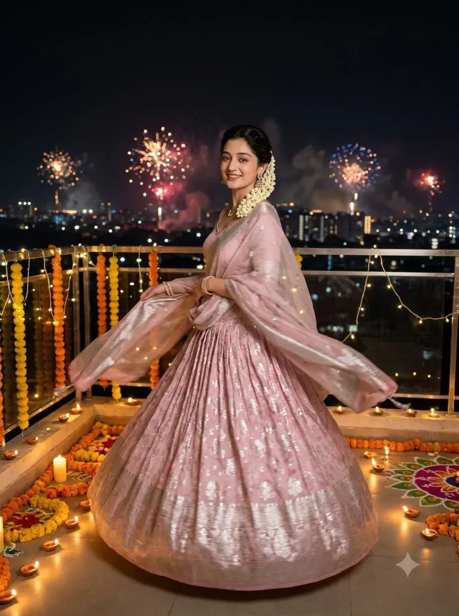 Beautiful Girl in Pink Lehenga Celebrating Diwali