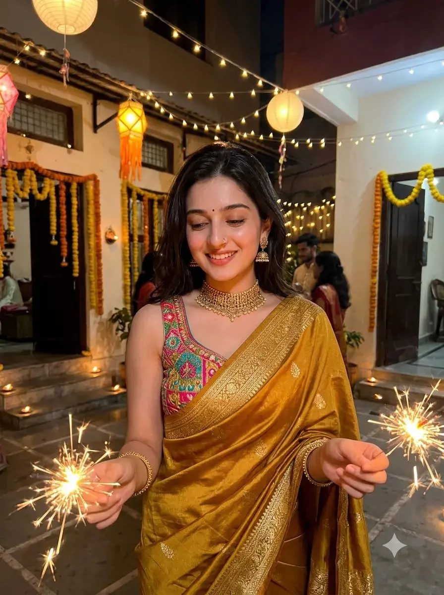 Beautiful Indian Girl Celebrating Diwali with Phuljhari AI Photo Prompt