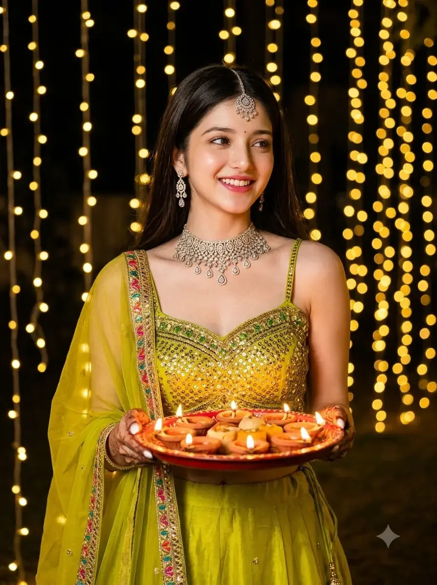 Diwali Girl with Diya Thali AI Photo Prompt – Traditional Look