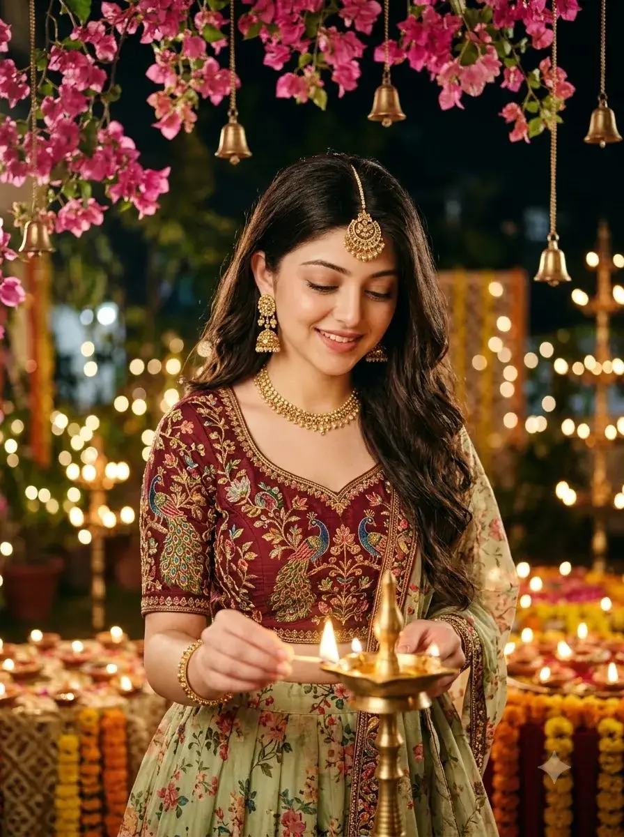 Elegant Indian Woman Lighting a Brass Diya | Traditional Diwali Celebration ✨