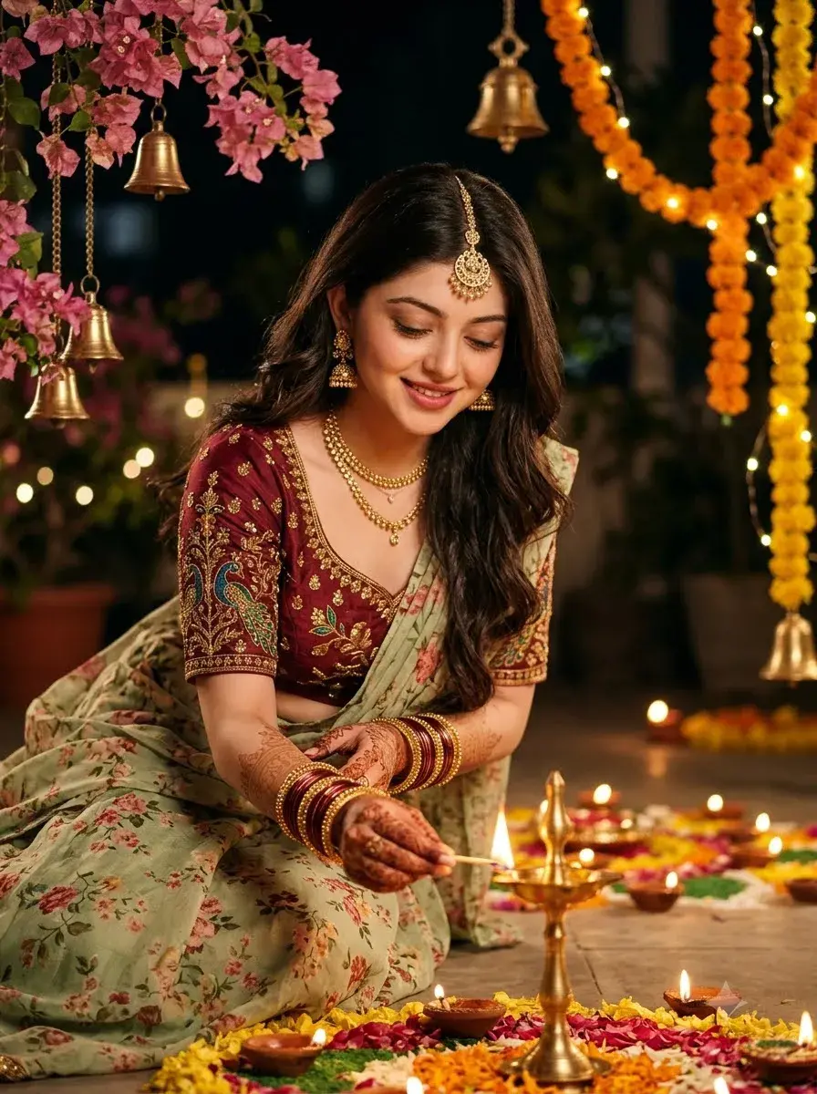 Beautiful Indian Woman Lighting Diya During Diwali | Elegant Traditional Lehenga Look 🪔