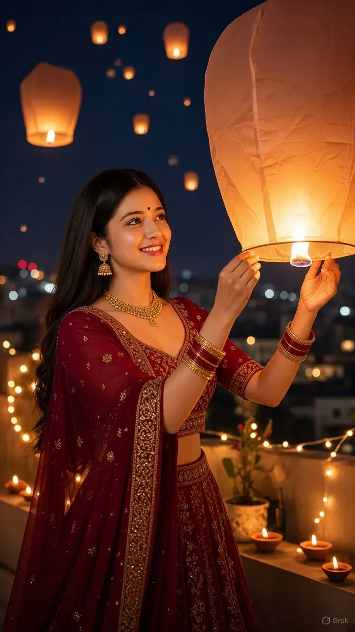Girl Diwali Sky Lantern AI Prompt