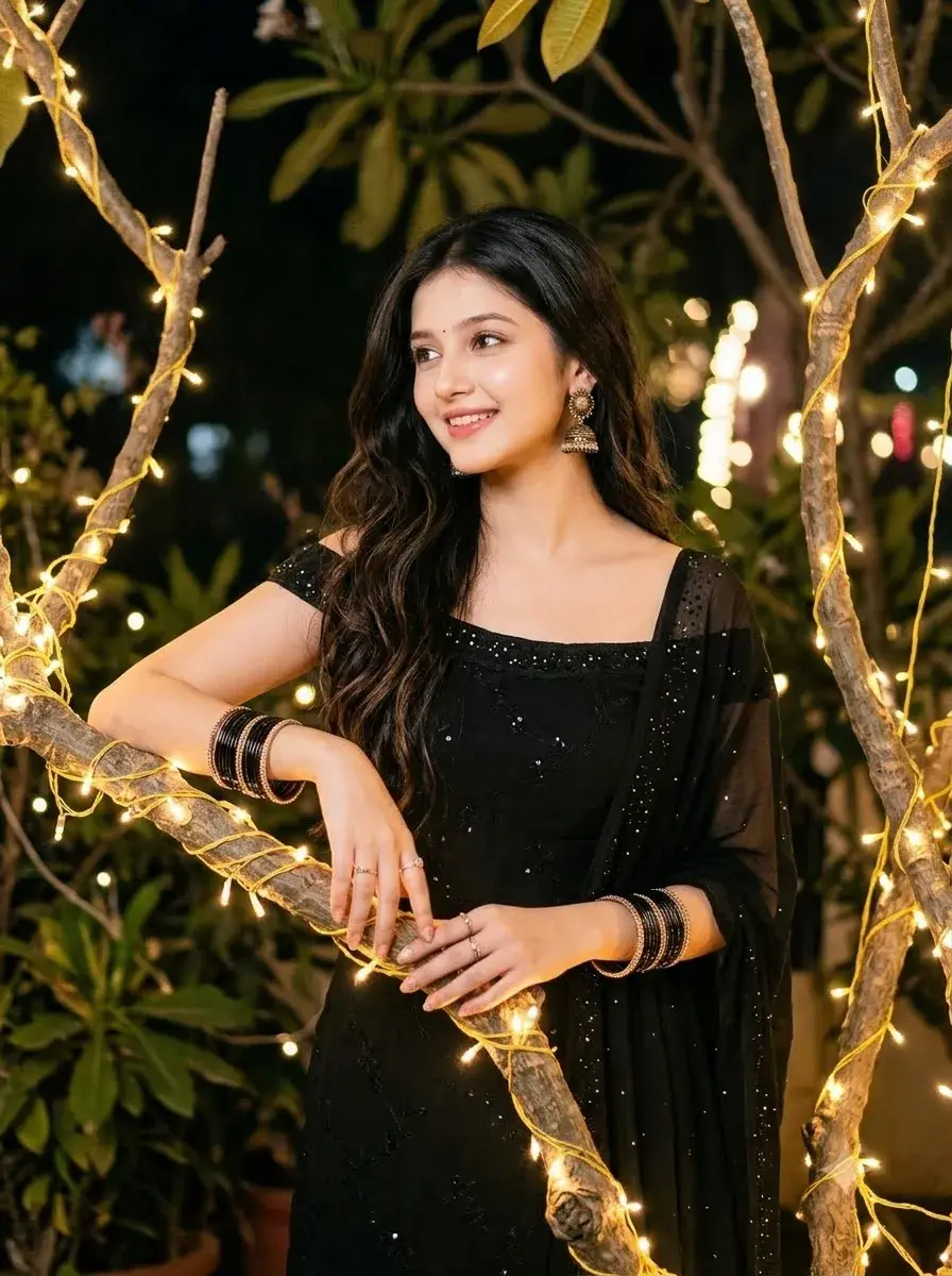 Beautiful Girl in Black Saree Under Magical Fairy Lights ✨ | Diwali Night Look