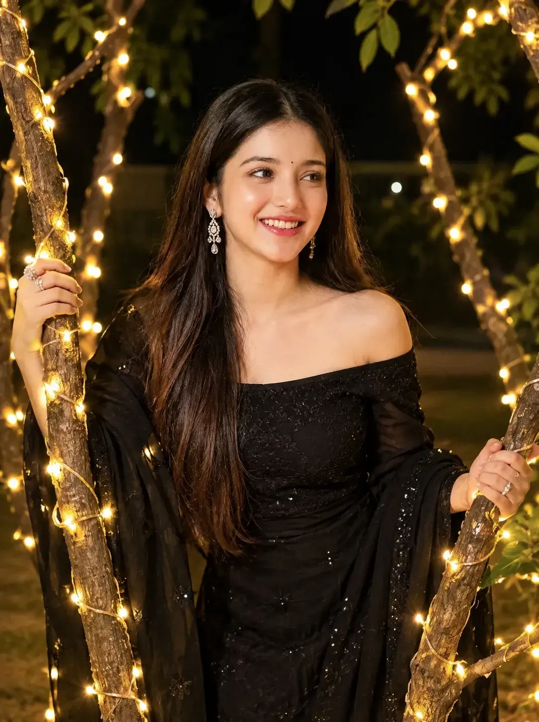 Black Off-Shoulder Dress Girl with Fairy Lights – AI Photo Prompt