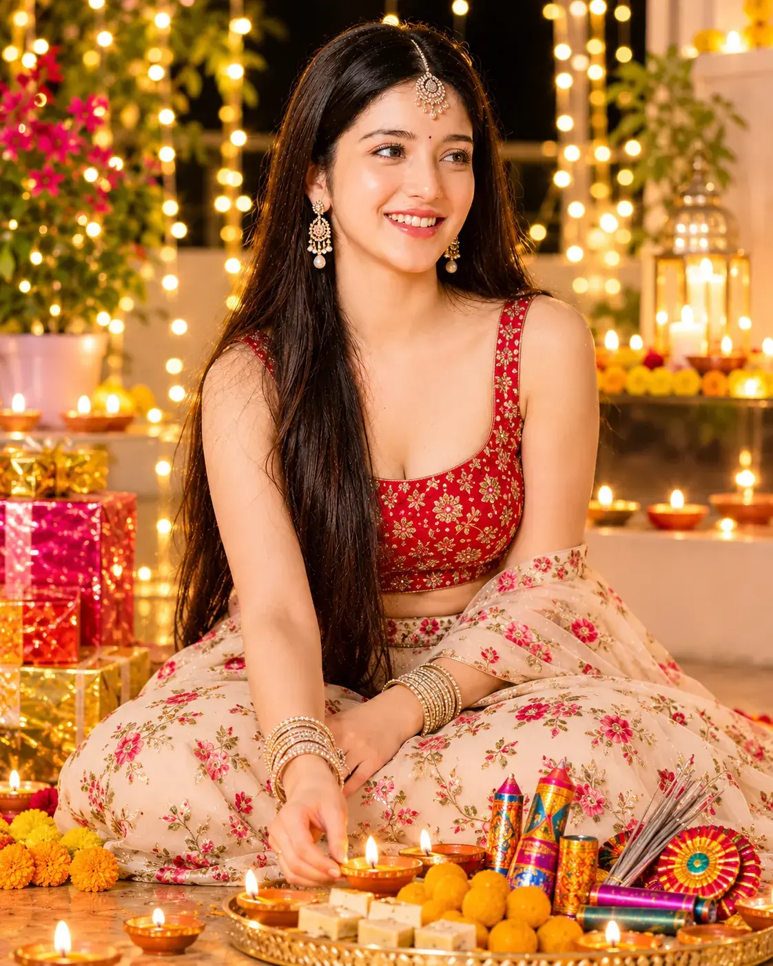Red Blouse and Cream Floral Lehenga Diwali Portrait – AI Photo Prompt