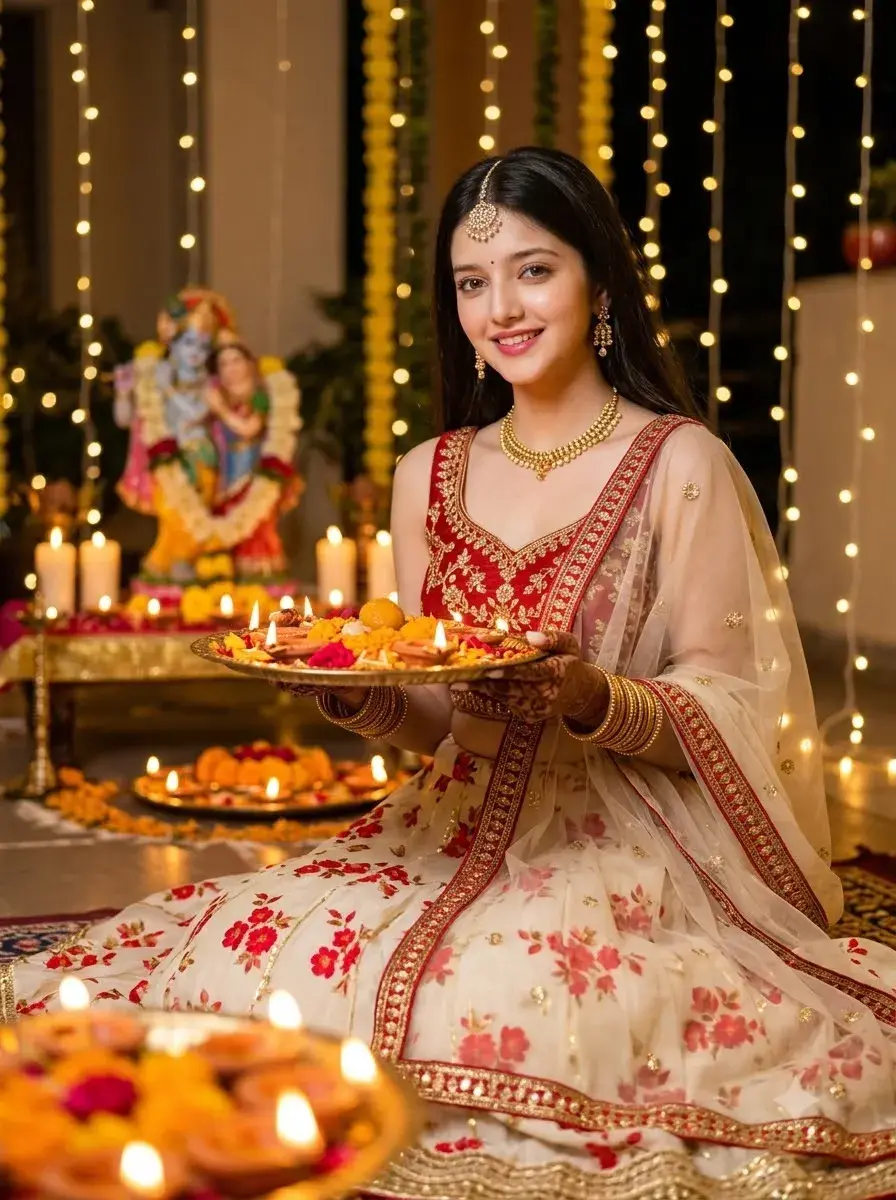 Beautiful Indian Girl Holding Diwali Pooja Thali in Floral Lehenga – AI Photo Prompt